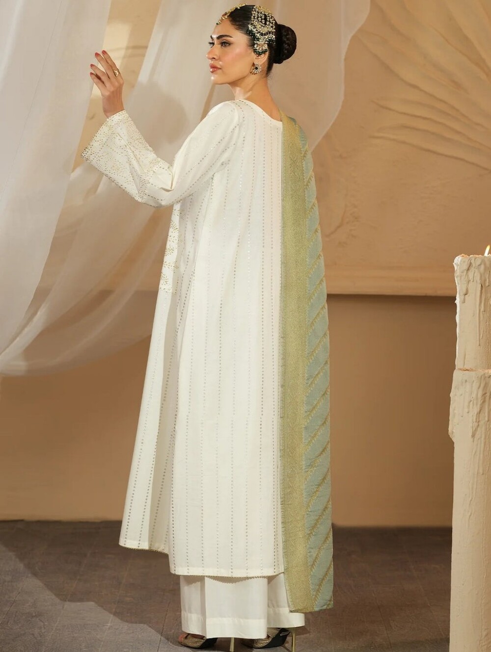 Heeras Official Ivory 3-Piece Suit XL, Pistachio Shawl, Brand New